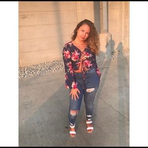 floral top with lace up front